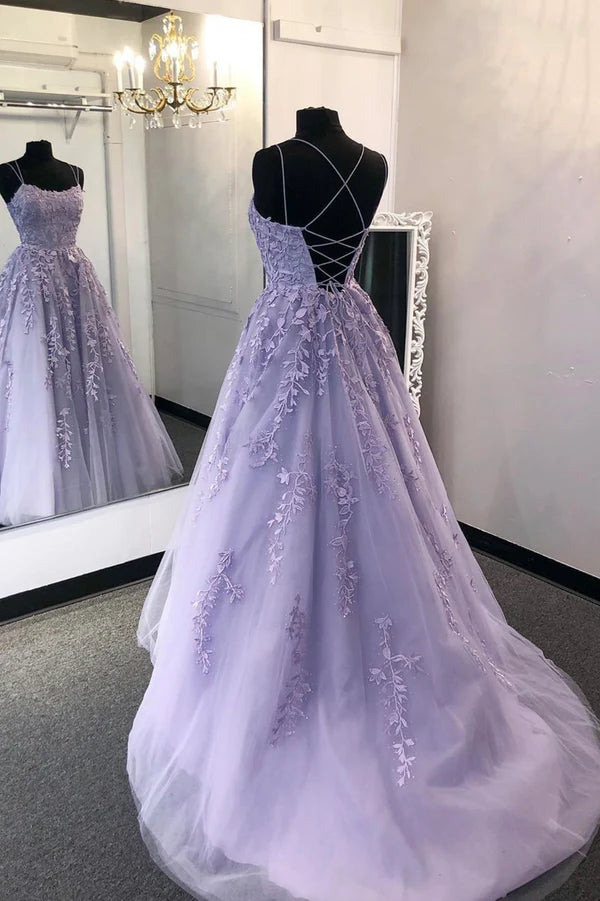 Wholesale Purple Lace Long A-Line Prom Dress Spaghetti Strap Backless Evening Dress